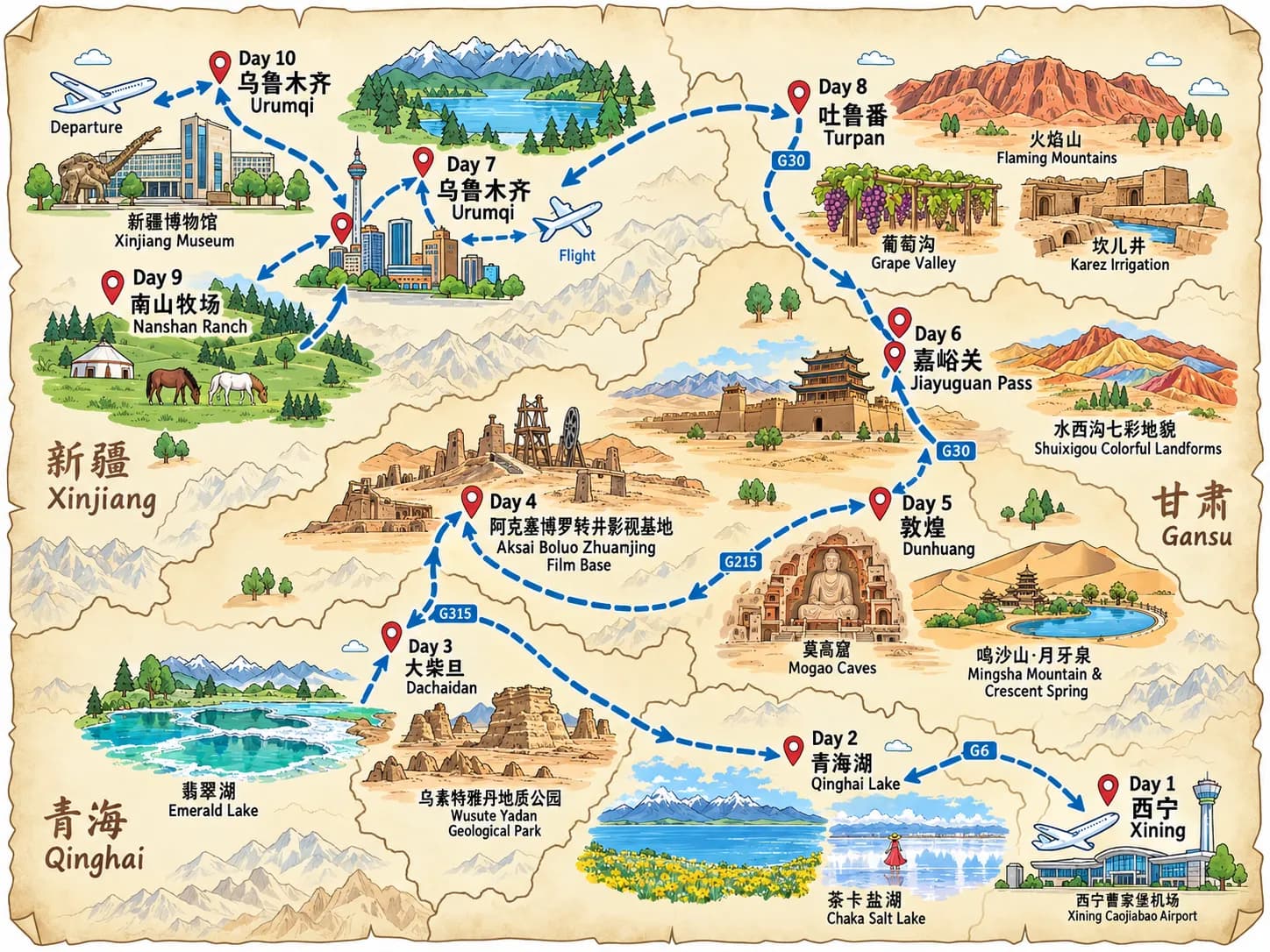 Qinghai Tour: 10-day 9-night · Private tours · Qinghai + Xinjiang route map