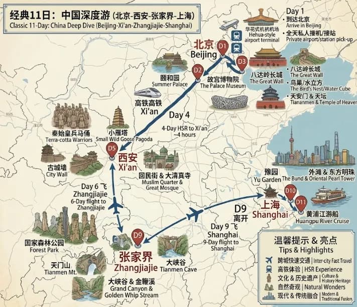 11 Days China Tour Package: 10-night · Private Tour · Beijing+Xi'an+Zhangjiajie+Shanghai route map