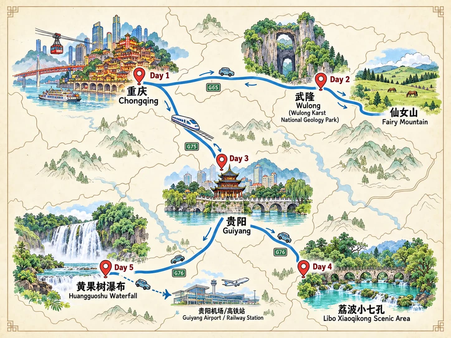 Guizhou Tour: 5-day 4-night · Private Tour · Chongqing+Guizhou route map