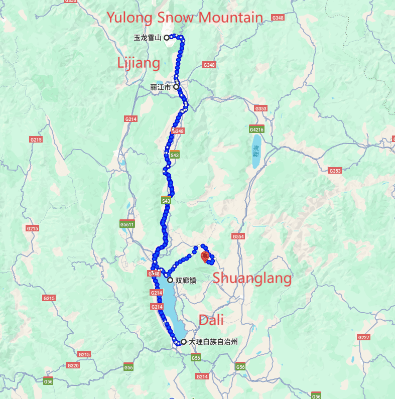 Yulong Snow Mountain Tours: 5-day 4-night Private Tour · Lijiang+Dali+Yulong Snow Mountain+Shuanglang route map