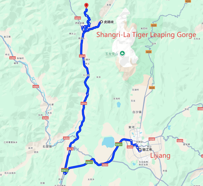 Yunnan Lijiang Tours: 2-day 1-night · Private Tour · Lijiang+Shangri-La Tiger Leaping Gorge route map