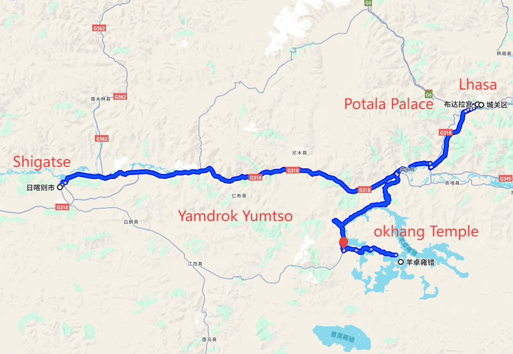 Lhasa tour: 8-day 7-night · Private Tour · Lhasa+Shigatse+Potala Palace+Jokhang Temple+Mt Qomolangma Base Camp+Yamdrok Yumtso route map