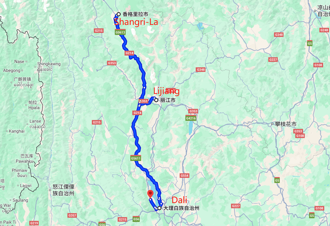 Dali-Lijiang-Shangri-La 7-day in-depth tour route map
