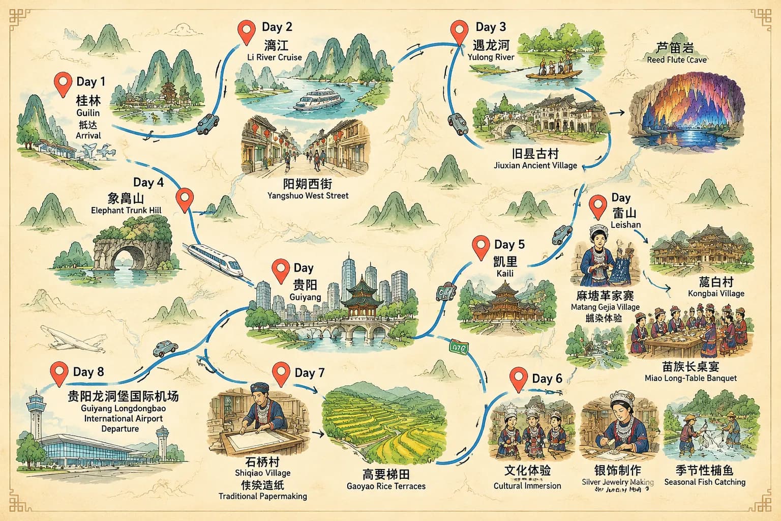 Guilin Yangshuo Travel Package: 8-day 7-night · Private Tour · Yangshuo+Guilin+Guiyang+Kaili+Leishan+Gaoyao Terrace route map
