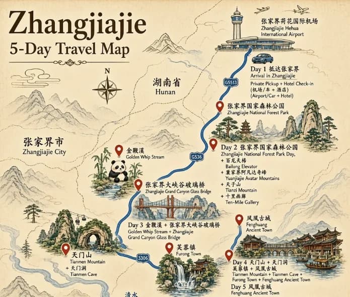 Zhangjiajie Travel Agents: 5-day · Private Tour · Zhangjiajie+Wu Ling Yuan+Fenghuang Ancient Town+Tianmen Cave route map