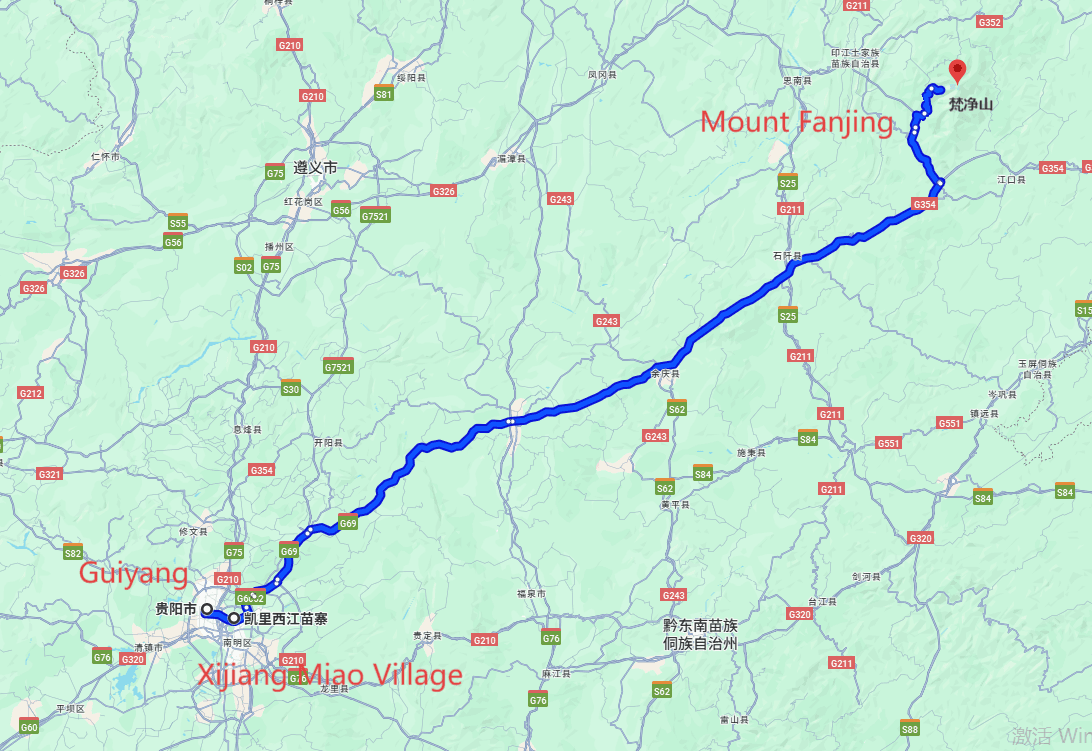 China Guizhou Tours: 3-day 2-night · Private Tour · Guiyang+Xijiang Miao Village+Mount Fanjing route map