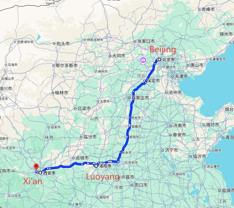 Best Places to Visit China: 7-day 6-night · Private Tour · Beijing+Luoyang+Xi'an route map