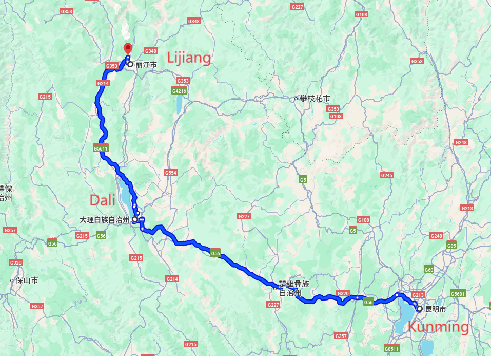 Yulong Snow Mountain Tour: 6-day 5-night · Private Tour · Kunming+Dali+Lijiang+Yulong Snow Mountain route map