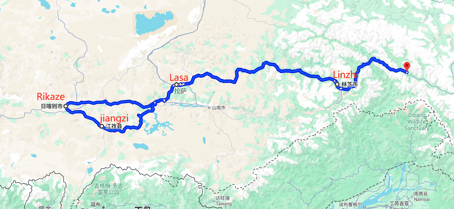 Tibet Nine-day tour route map