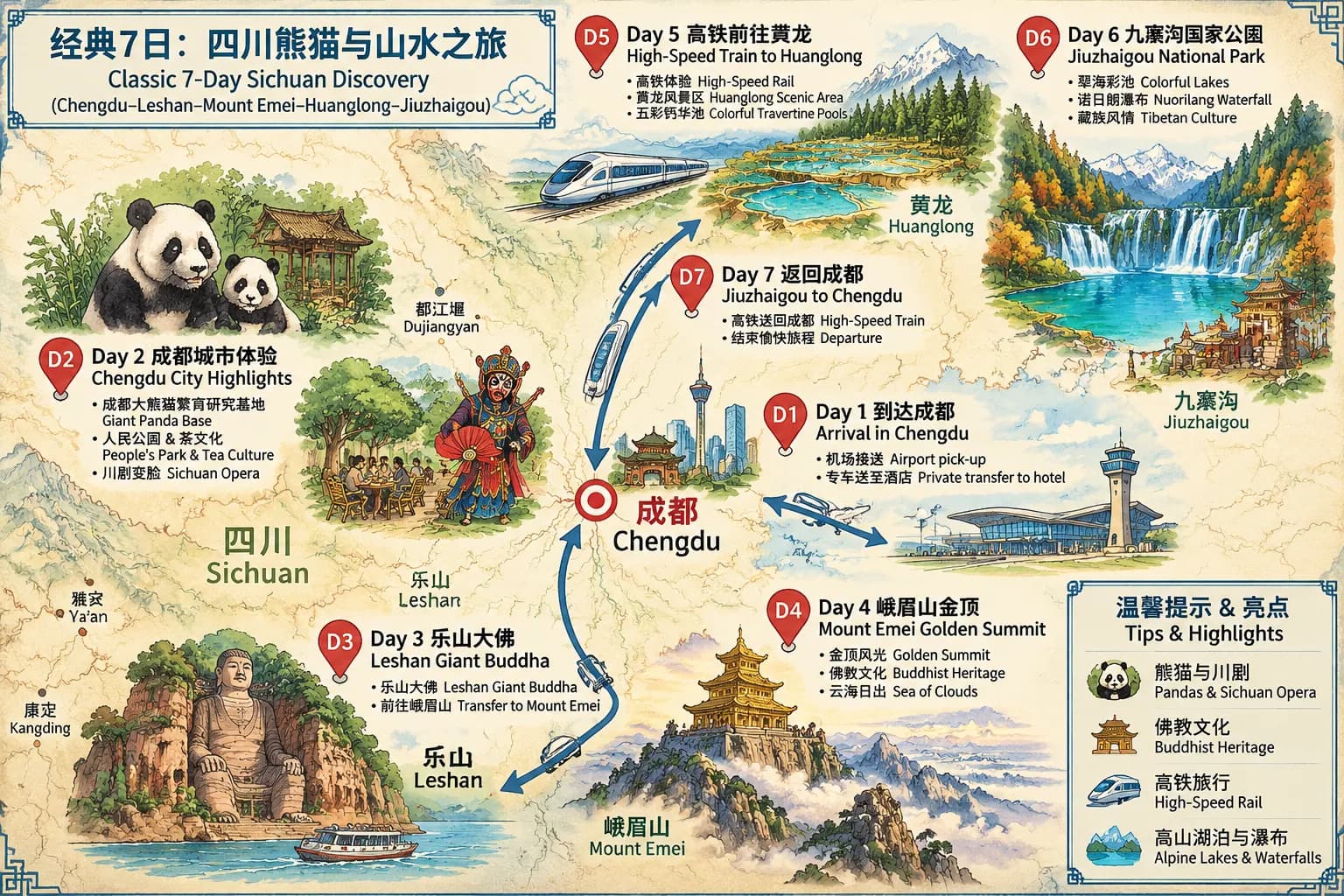 Panda Homeland·Highland Wonderland——7-day Tour of Jiuzhaigou,Leshan,Chengdu route map