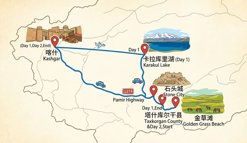 2-Day Pamir Plateau Tour: Karakul Lake, Taxkorgan + Stone City route map