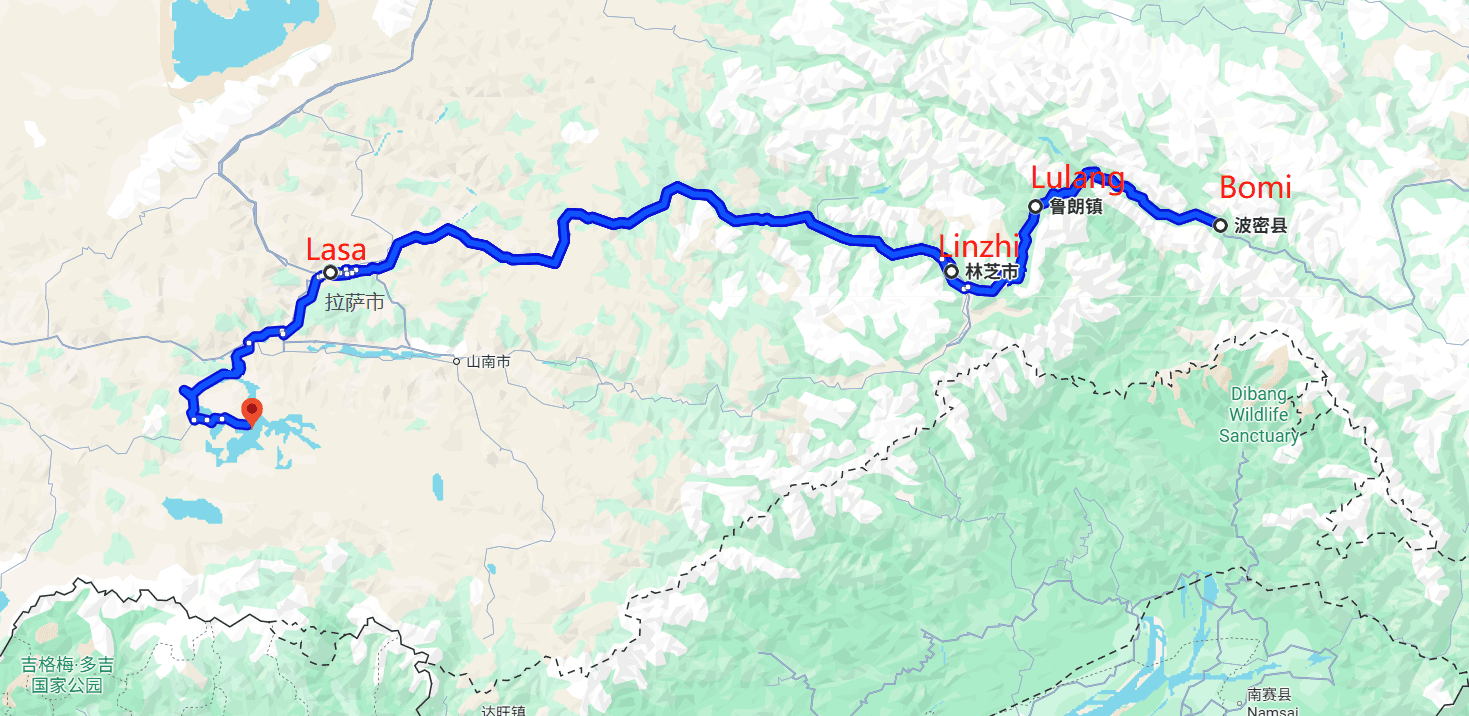 7-Day Tibet Tour (Nyingchi Entry → Lhasa → Yamdrok Lake) route map