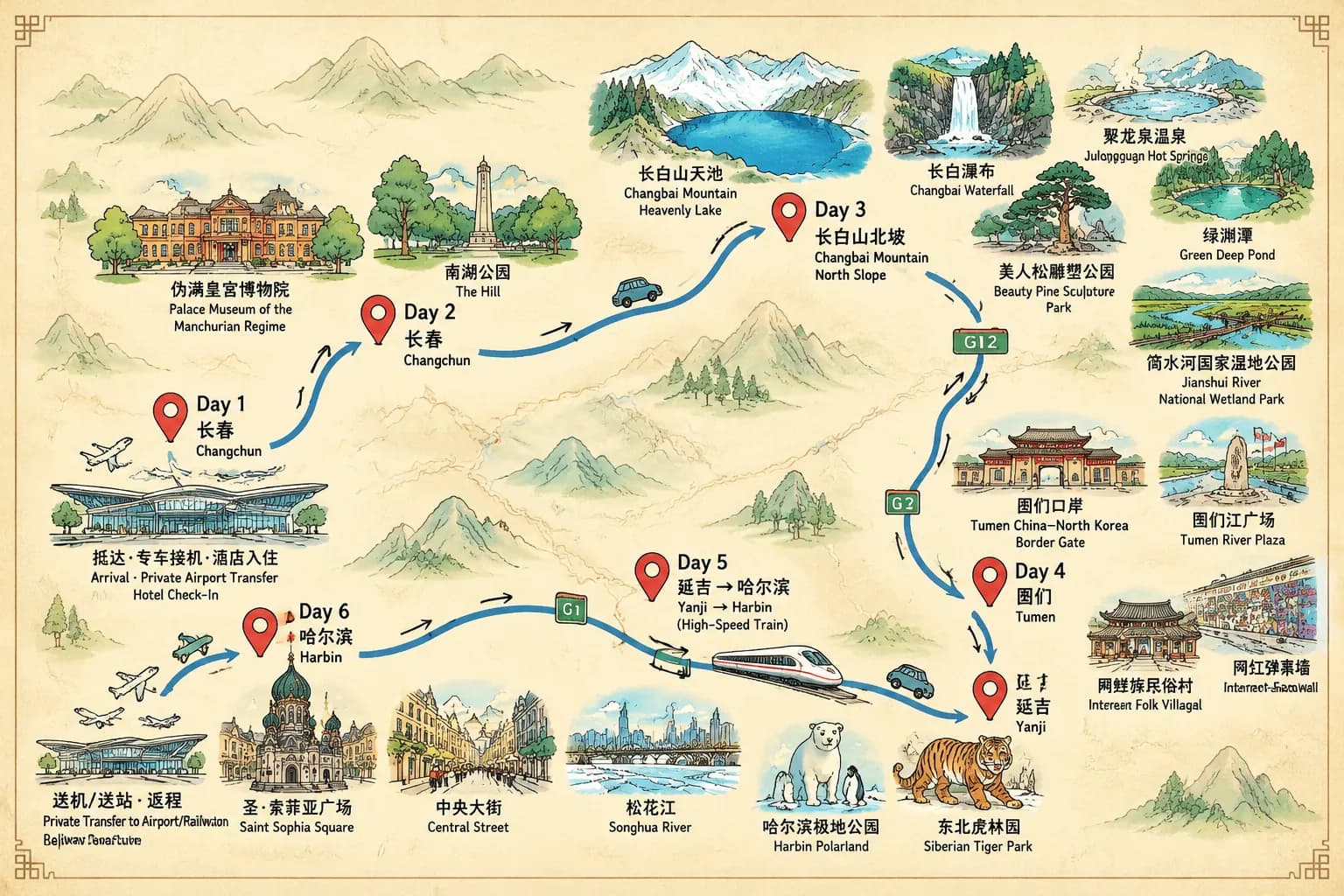 Harbin Tourism: 6-day 5-night · Private Tour · Harbin+Changbai mountain+Yanji route map