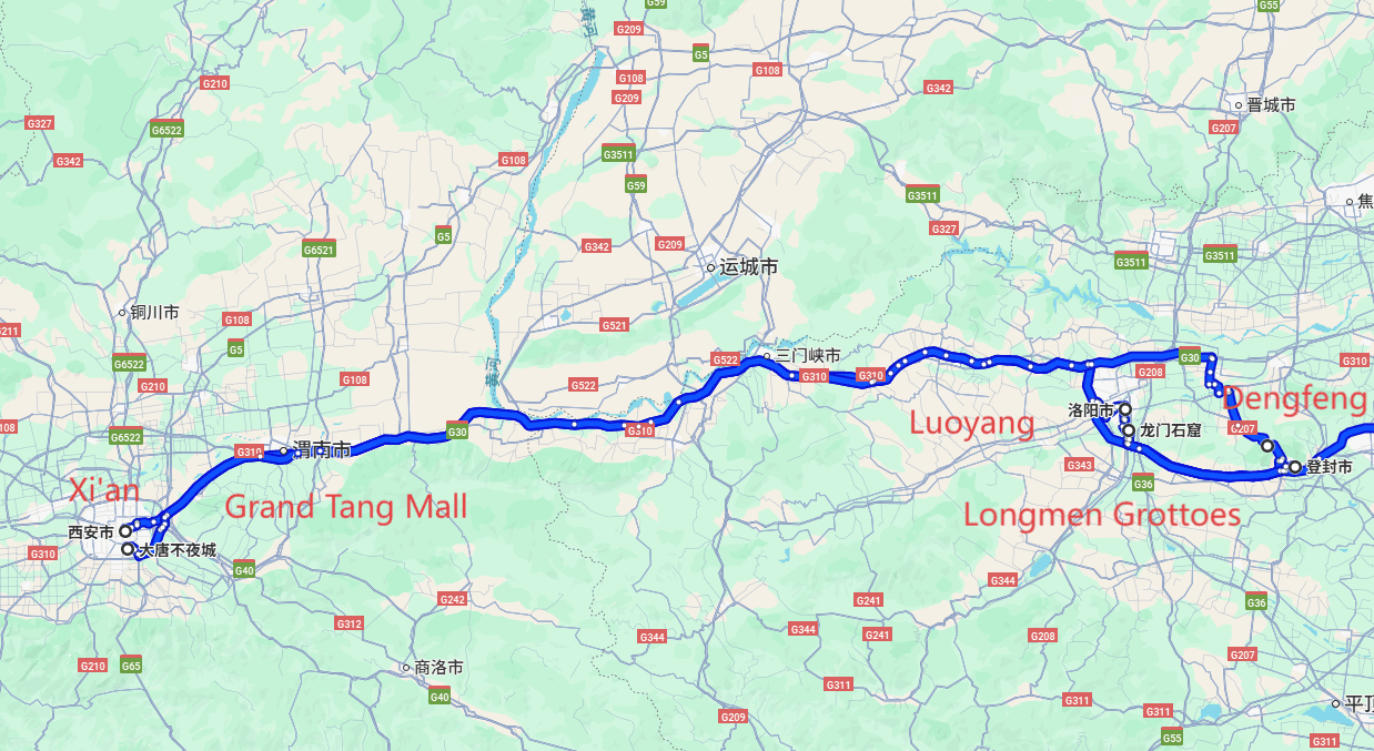 Xi'an Tour: 5-day 4-night · Private Tour · Xi'an+Luoyang+Dengfeng+Grand Tang Mall+Songshan Shaolin Scenic+Longmen Grottoes route map