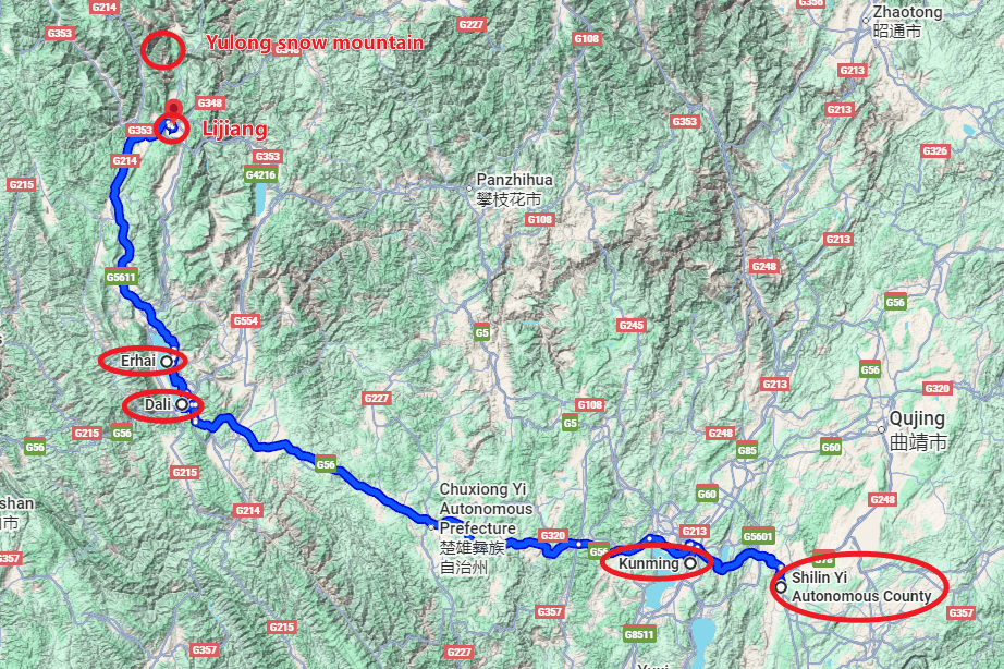 Kunming Tour: 6-day 5-night · Private tours · Kunming + Dali + Lijiang + Yulong Snow Mountain route map