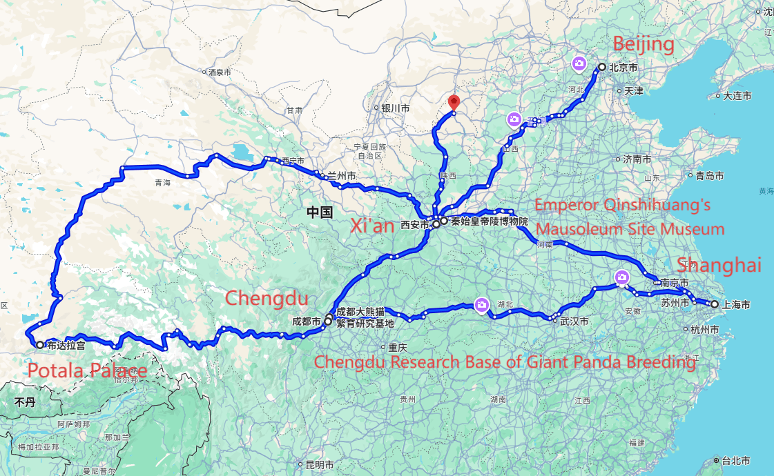 China Tour: 13-day 12-night · Private Tour · Beijing+Xi'an+Lhasa+Chengdu+Shanghai+Potala Palace+Chengdu Research Base of Giant Panda Breeding+Emperor Qinshihuang's Mausoleum Site Museum route map