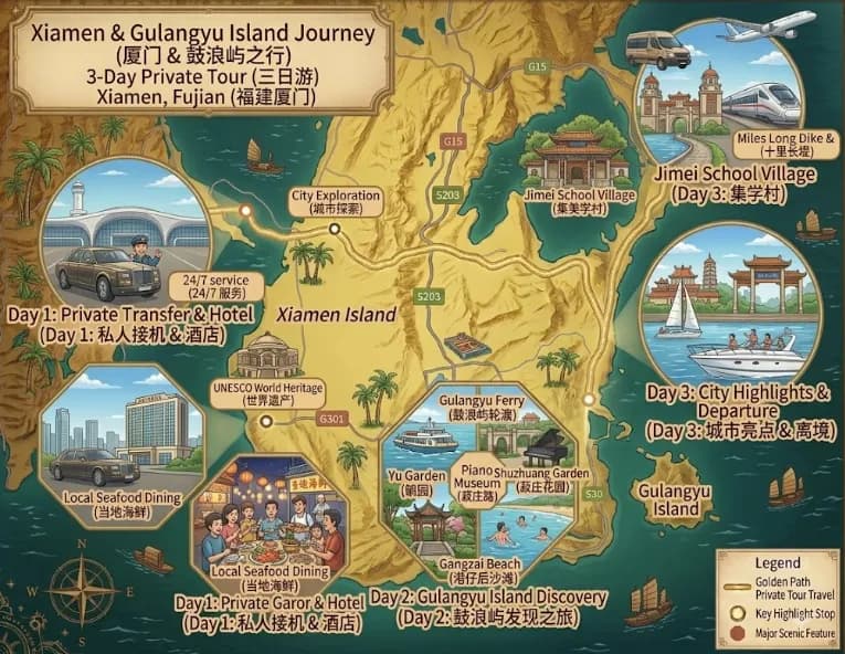 Xiamen Tour: 3-day 2-night · Private tours · Xiamen + Kulangsu route map