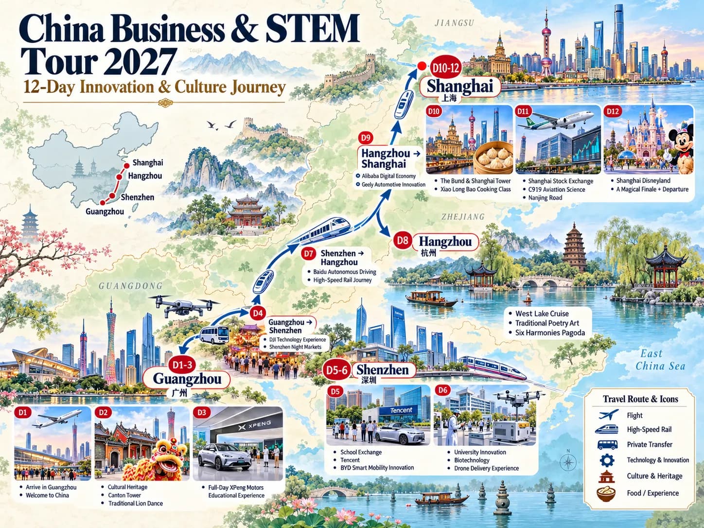 China Business & STEM Tour: 12-day 11-night · Guangzhou + Shenzhen + Hangzhou + Shanghai route map