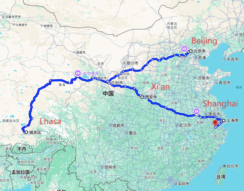 Trip to Shanghai: 11-day 10-night·Private Tour·Beijing+Lhasa+Xi'an+Shanghai route map