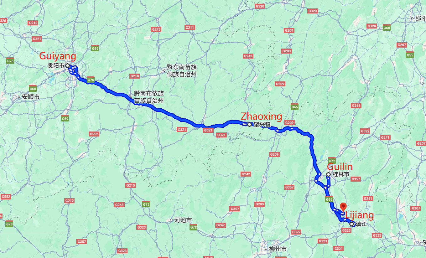 8-day Tour of Guilin&Yangzhuo&Guizhou route map
