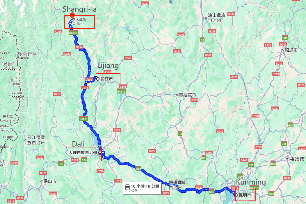 Kunming-Dali-Lijiang-Shangri-La 8-day in-depth tour route map