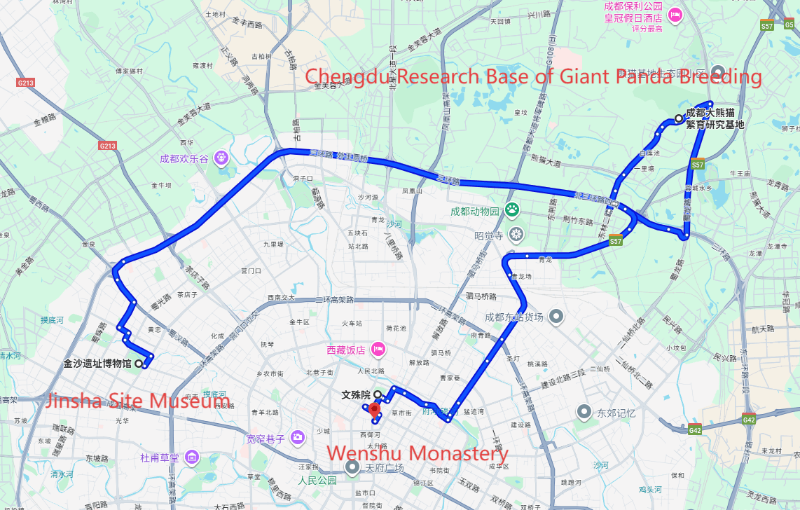 Chengdu Wenshu Monastery Tours: 2-day 1-night · Private Tour · Jinsha Site Museum+Chengdu Research Base of Giant Panda Breeding+Wenshu Monastery route map