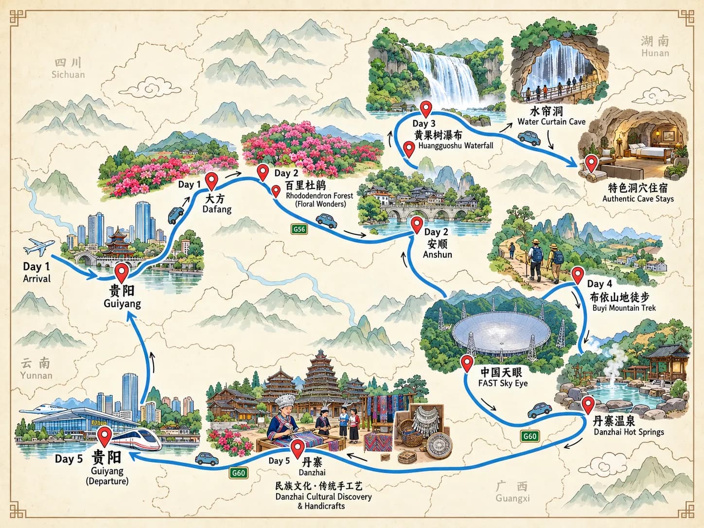Guizhou 5-Day Nature and Culture Tour route map
