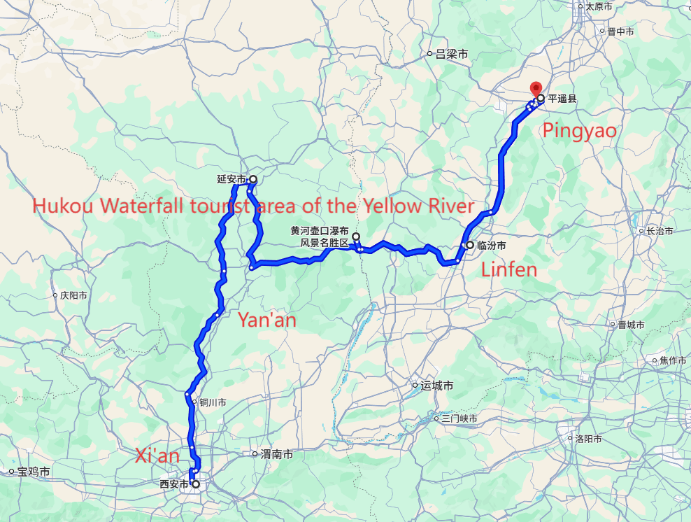 Xi'an tour: 6-day 5-night · Private Tour · Xi'an+Yan'an+Linfen+Pingyao+Hukou Waterfall tourist area of the Yellow River+Pingyao Ancient City+Shuanglin Temple route map