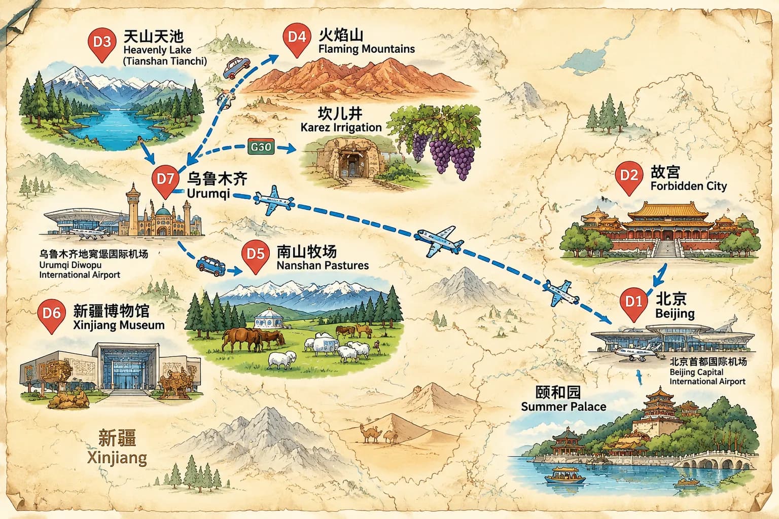 North and South Xinjiang Tour: 7-day 6-night · Private Tour · Beijing+Xinjiang route map