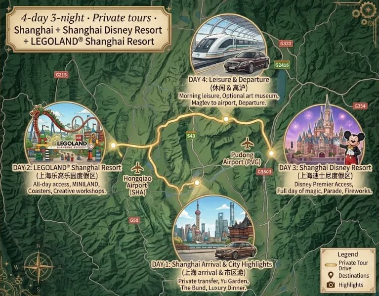 Shanghai Tour: 4-day 3-night · Private tours · Shanghai + Shanghai Disney Resort + LEGOLAND® Shanghai Resort route map