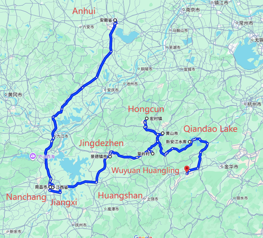 Jiangxi Nanchang Tourism: 7-day 6-night · Private Tour · Jiangxi+Anhui+Nanchang+Jingdezhen+Wuyuan Huangling+Huangshan+Hongcun+Qiandao Lake route map
