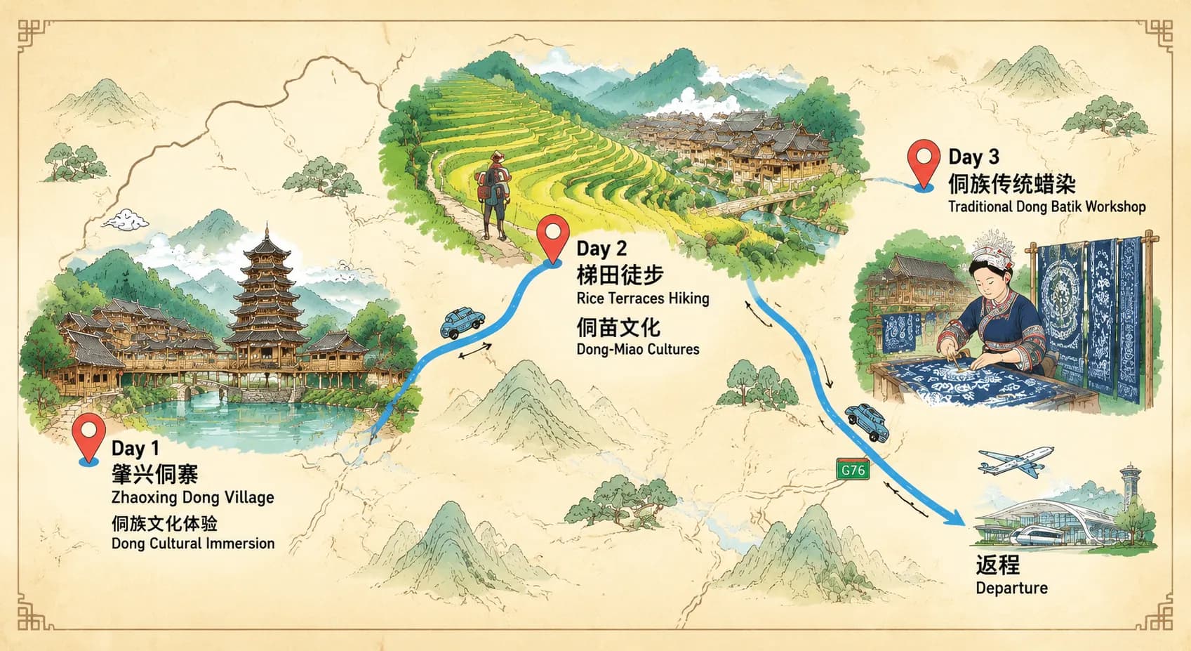 Zhaixin Dong Village 3-day in-depth tour route map