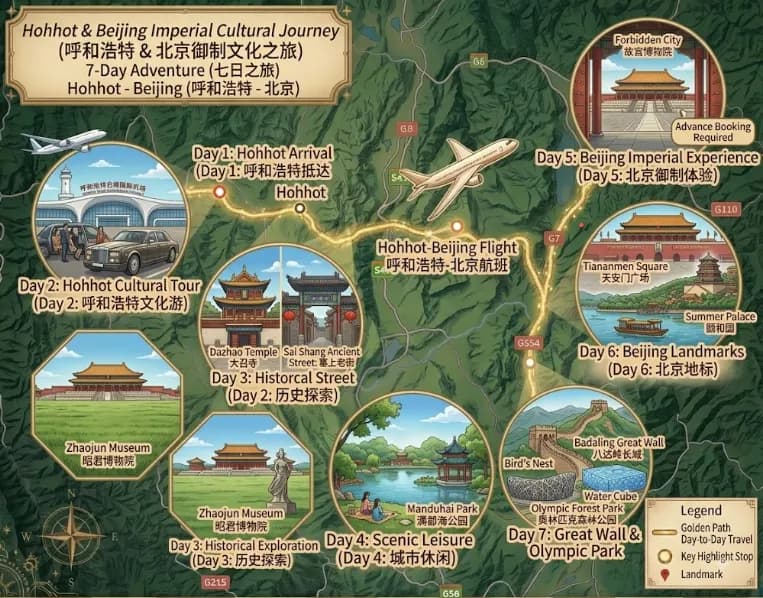 Hohhot Tour: 8-day 7-night · Private tours · Hohhot + Beijing route map