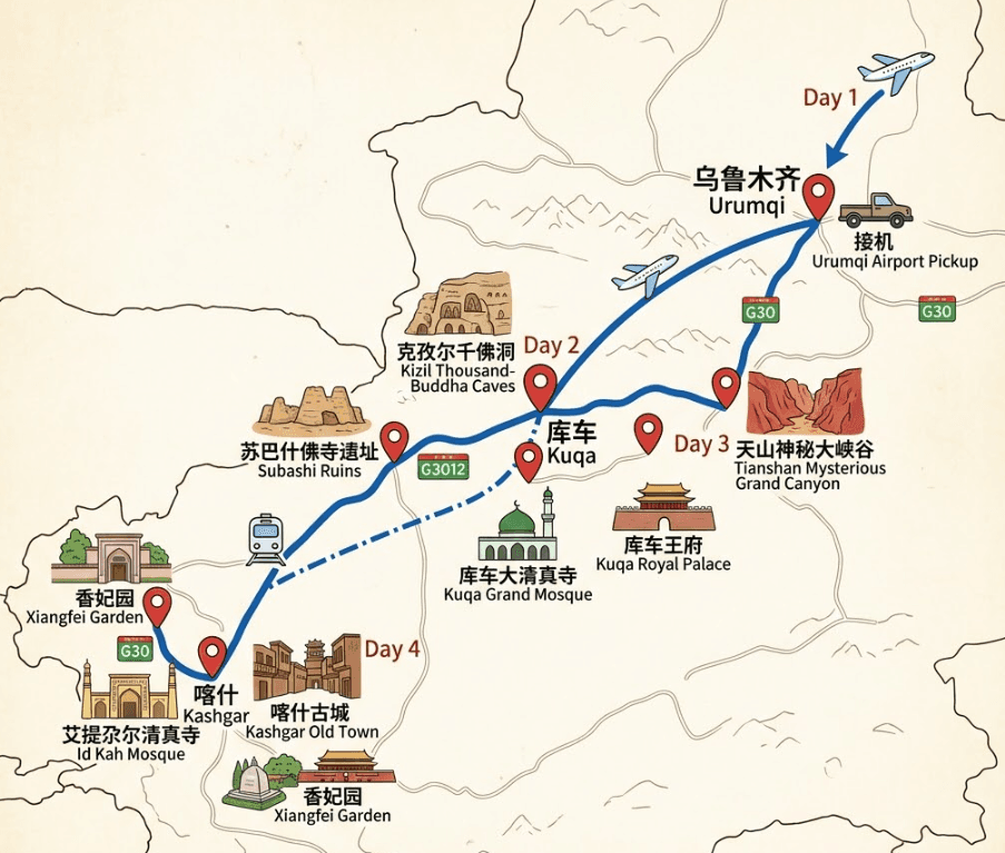 Kashgar Tour: 4-day 3-night · Private Tour · China+Xinjiang+Kashgar route map