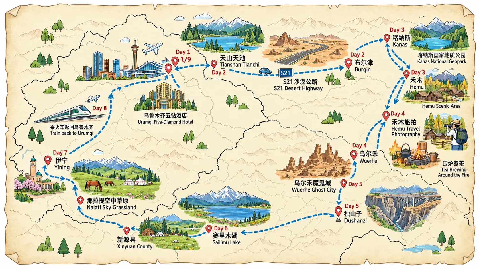 Northern Xinjiang Tour: 9-day 8-night · Private Tour · Urumqi+Northern Xinjiang+Kanas route map