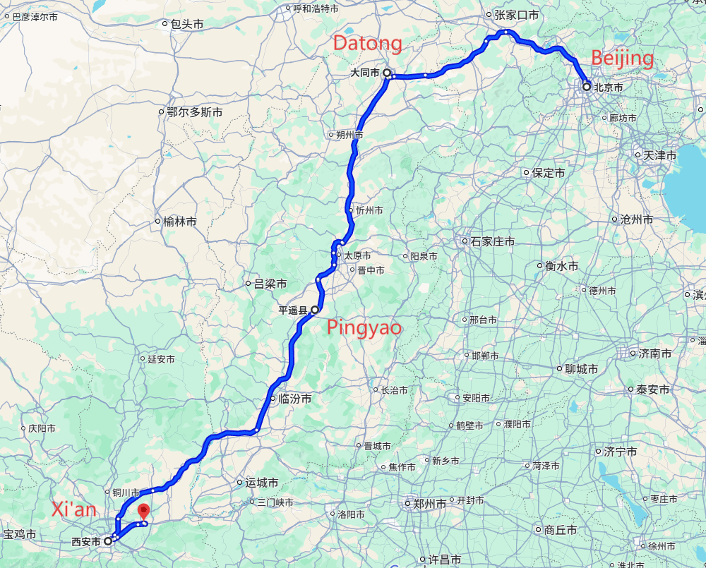 Beijing-Datong tour: 3-night · Private Tour · Beijing+Datong+Pingyao+Xi'an·4-day route map