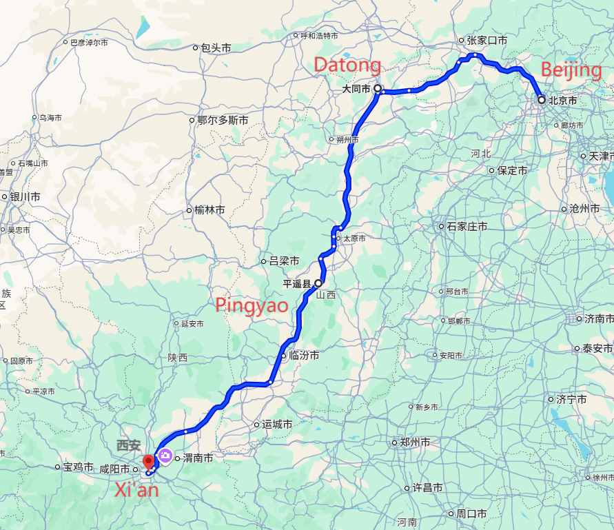 Datong Tours: 4-day 3-night · Private Tour · Beijing+Datong+Pingyao+Xi'an route map
