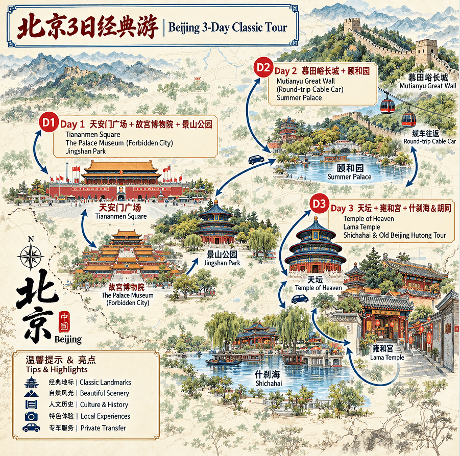 Trip to Zhangjiajie: 3-day 2-night · Private Tour · Tiananmen Square+The Palace Museum+MuTianYu Great Wall+Lama Temple+Summer Palace route map
