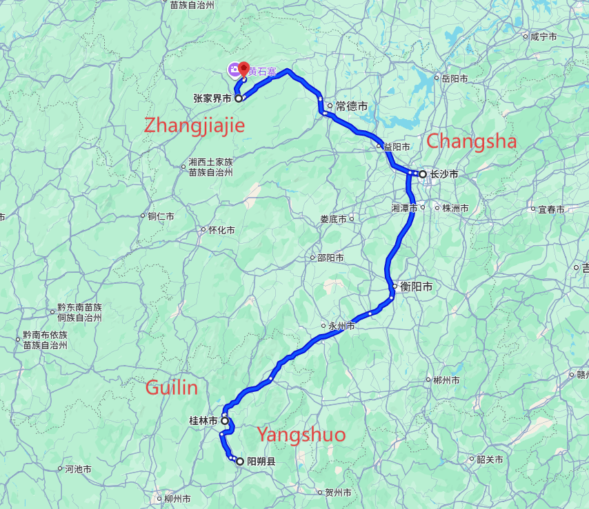 Guilin Summer Vacation Tour: 9-day 8-night · Private Tour · Yangshuo+Guilin+Changsha+Zhangjiajie+Yuelu Academy route map