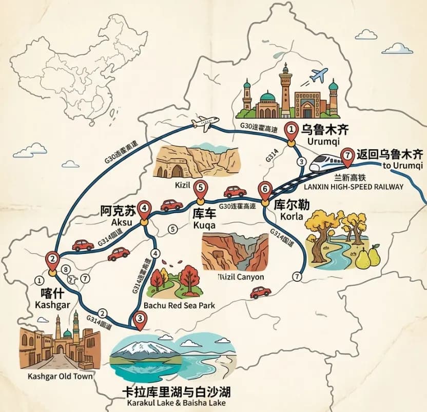8-Day South Xinjiang Tour: Kashgar, Baisha Lake, Kanas + Grand Canyon route map