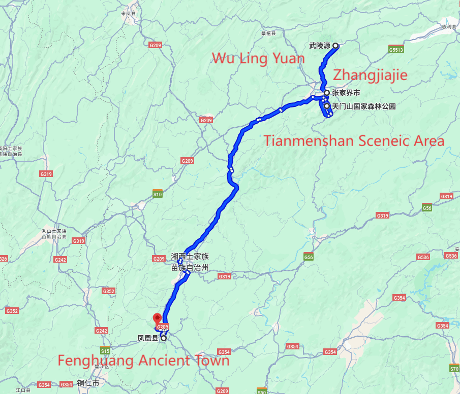 Fenghuang Ancient Town Tourism: 4-day 3-night·Private Tour·Zhangjiajie+Wu Ling Yuan+Tianmenshan Sceneic Area+Fenghuang Ancient Town route map