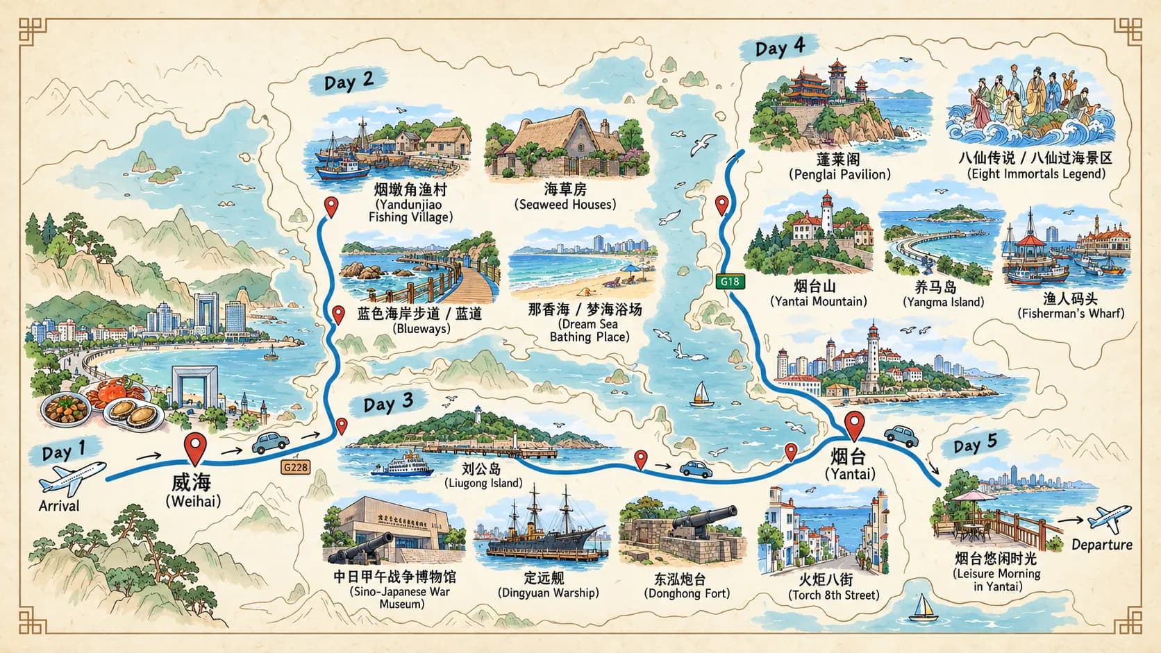 Weihai Tour: 5-day 4-night · Private tours · Weihai + Yantai route map