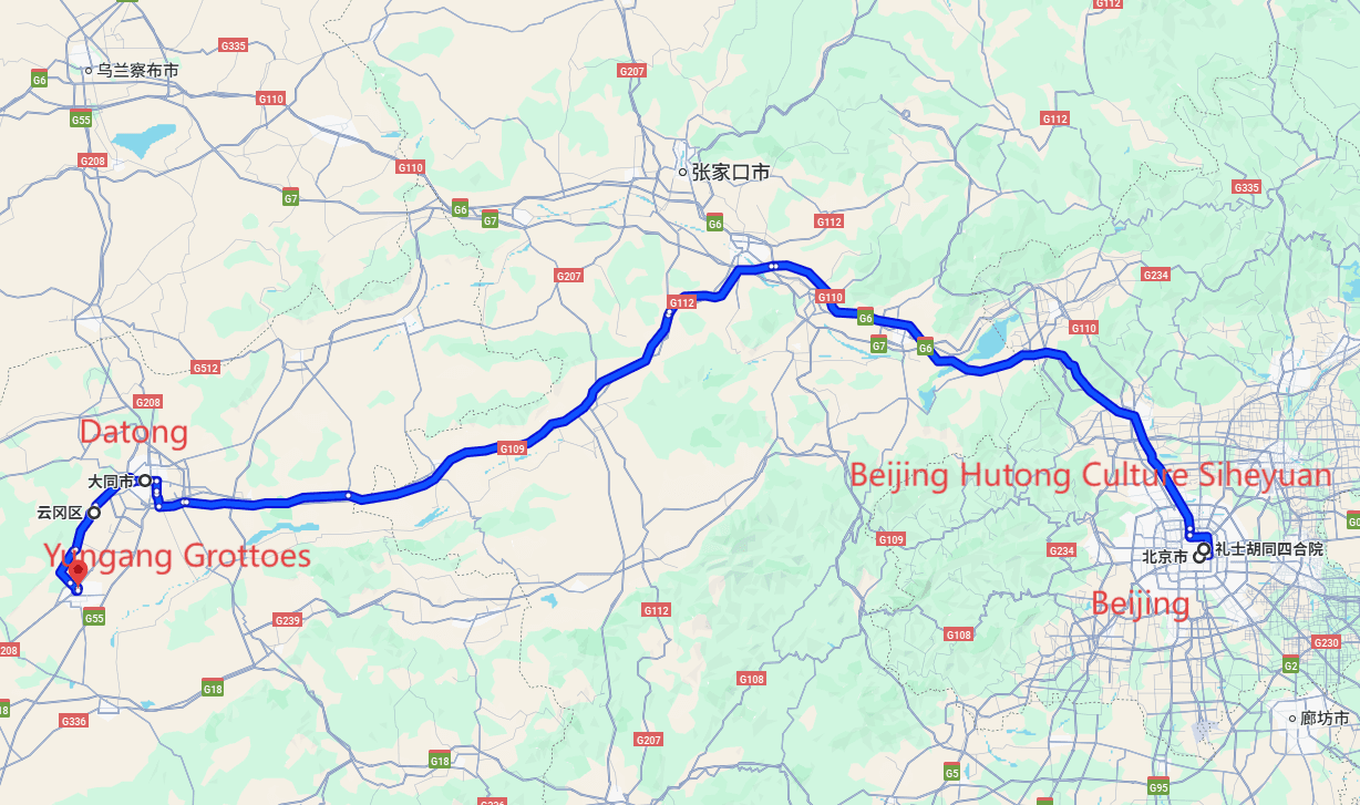 Beijing Hutong Tour: 6-day 5-night · Private Tour · Beijing+Beijing Hutong Culture Siheyuan+Datong+Yungang Grottoes route map