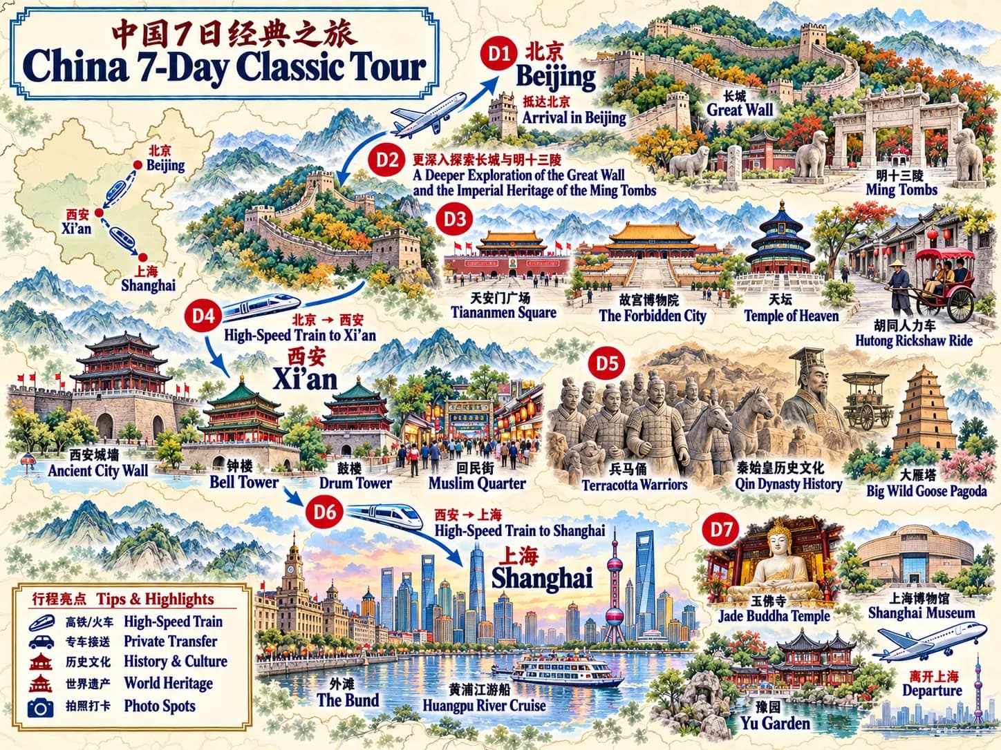 China Trip Packages from Singapore: 7-day 6-night · Private Tour · Beijing+Xi'an+Shanghai route map