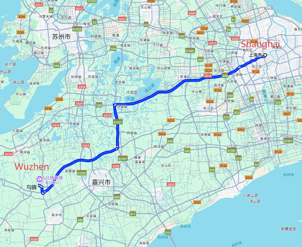 Trip to Wuzhen: 3-day 2-night · Private Tour · China+Shanghai+Wuzhen route map