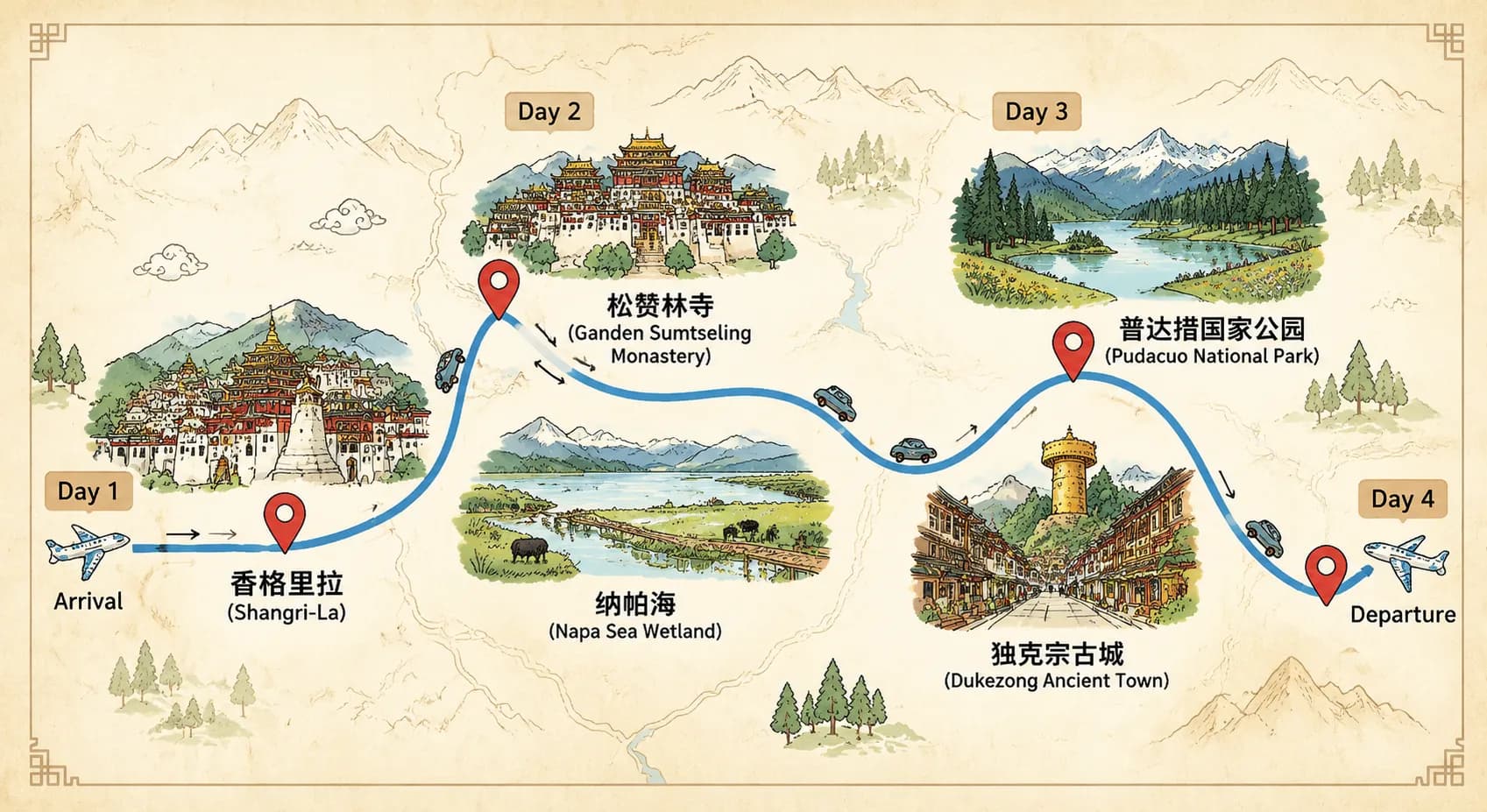 China Shangri-La Tours: 4-day 3-night · Private Tour · Shangri-La route map