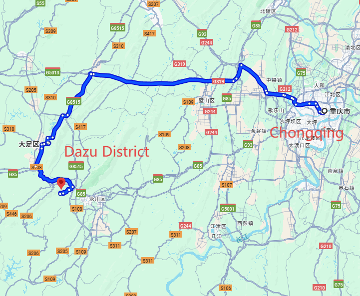 Chongqing Tourism: 2-day 1-night · Private Tour · Chongqing+Dazu District route map