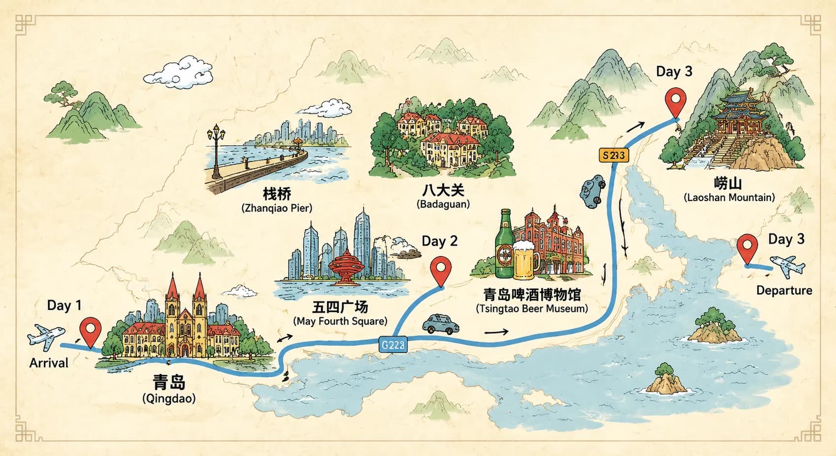 Qingdao Tour: 3-day · Private tours · Qingdao + Laoshan Scenic Spot + Tsingtao Beer Museum route map