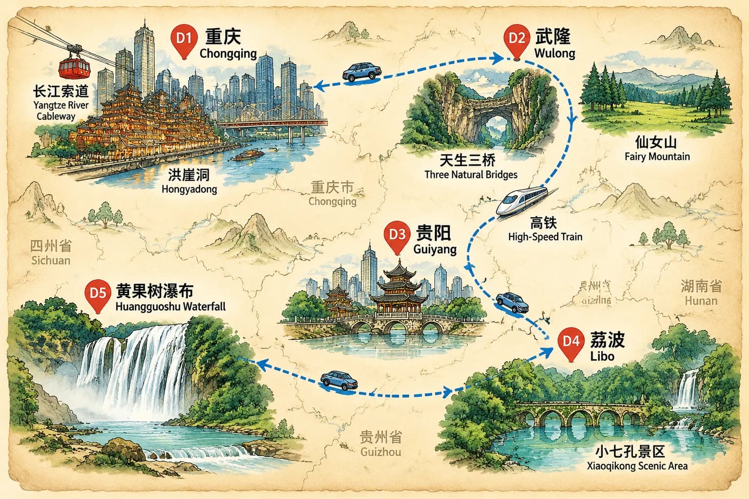 Guizhou Tours: 5-day 4-night · Private Tour · Chongqing + Guizhou route map