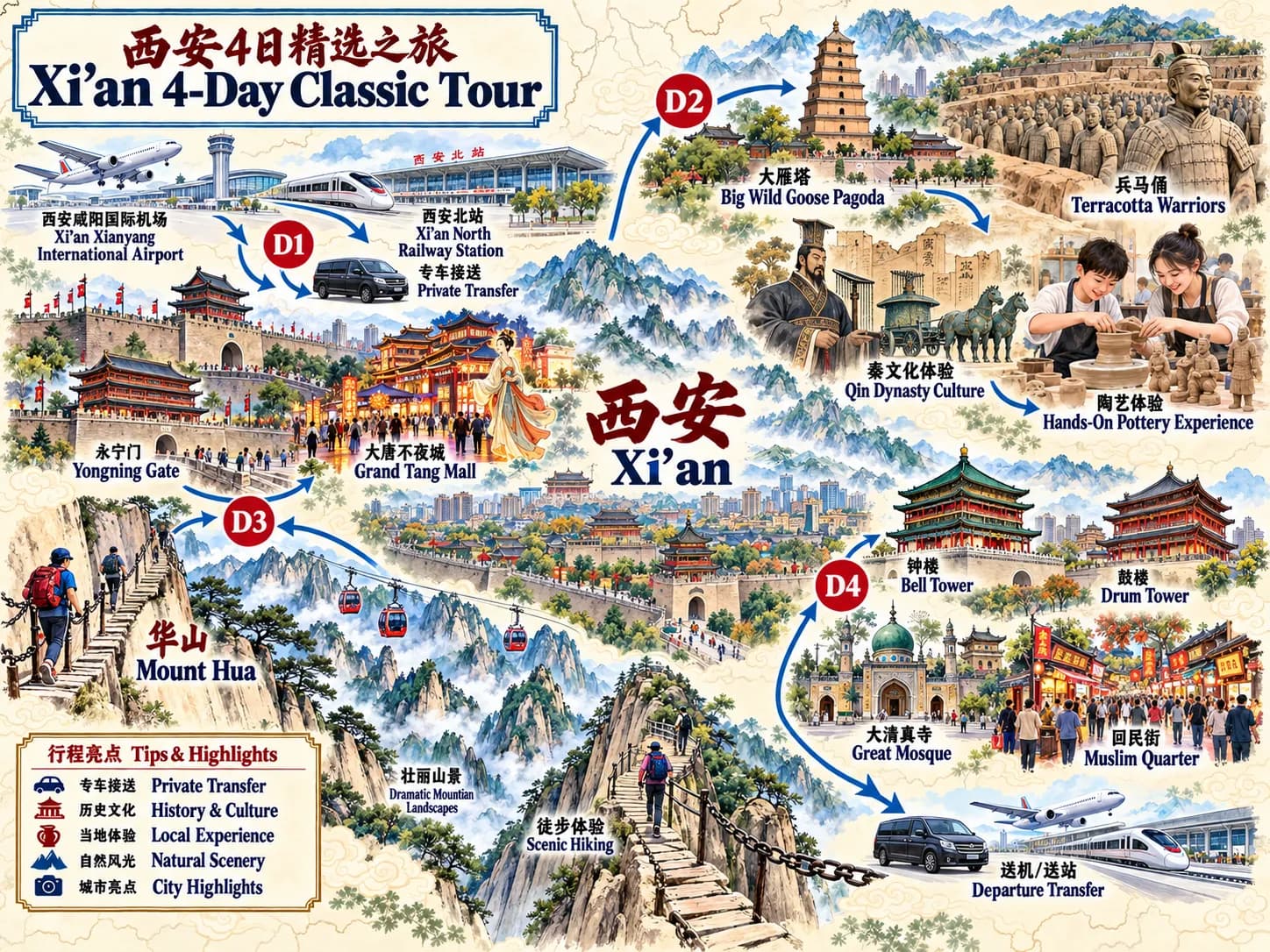 China Xi'an Tours: 4-day 3-night · Private Tour · Xi'an+Emperor Qinshihuang's Mausoleum Site Museum+Mount Hua route map